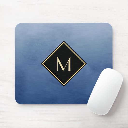 Elegantes Pinselblau mit einfachem Goldmonogramm Mousepad (Mit Mouse)