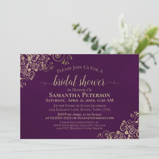 Elegantes Plum Lila & Gold Frilly Brautparty Einladung (Stehend Vorderseite)