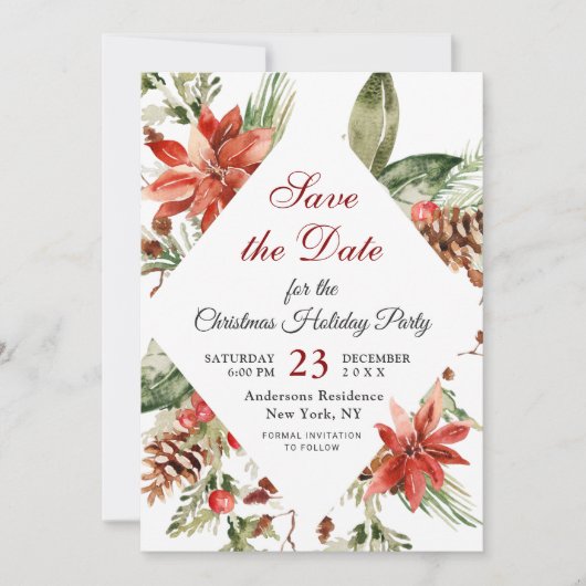 Elegantes Poinsettia Holiday Weihnachten Party Save The Date (Vorderseite)