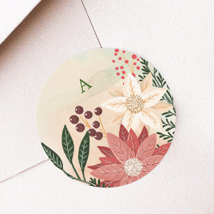Elegantes Poinsettia-Monogramm-Feiertags-Wasserfar Runder Aufkleber