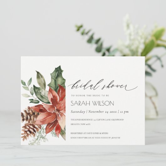 Elegantes Poinsettia Pine Cone Brautparty Einladun Dankeskarte (Stehend Vorderseite)