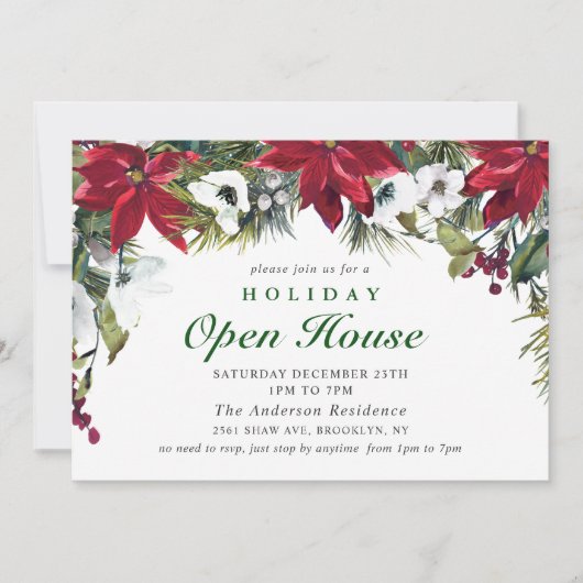 Elegantes Poinsettia Weihnachtsfeiertag Open House Einladung (Vorderseite)