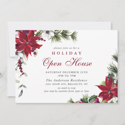 Elegantes Poinsettia Weihnachtsfeiertag Open House Einladung (Vorderseite)