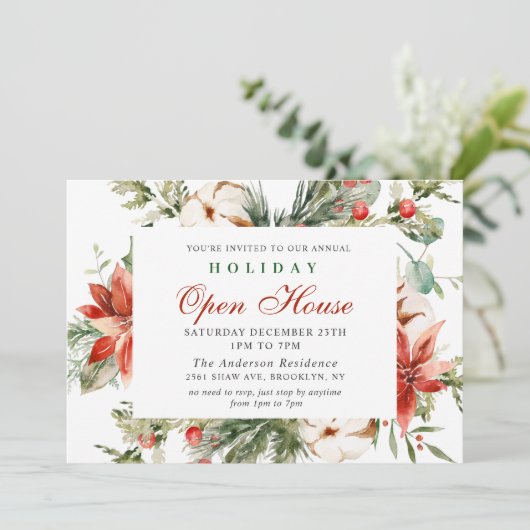 Elegantes Poinsettia Weihnachtsfeiertag Open House Einladung (Stehend Vorderseite)