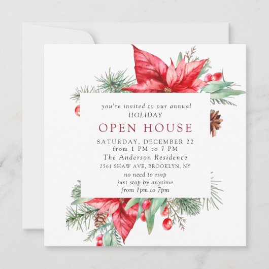 Elegantes Poinsettia Weihnachtsfeiertag Open House Einladung (Vorderseite)