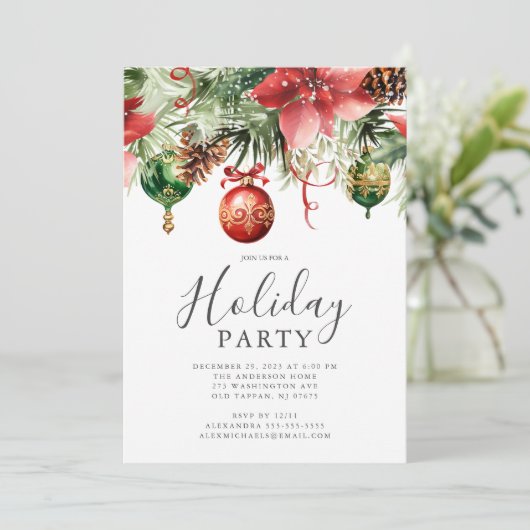 Elegantes Poinsettia Weihnachtsfest Party Einladung (Stehend Vorderseite)