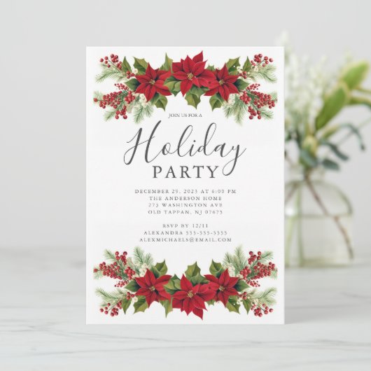 Elegantes Poinsettia Weihnachtsfest Party Einladung (Stehend Vorderseite)