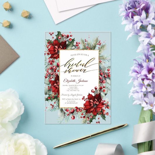 Elegantes Poinsettia Winter Brautparty Acryleinladungen (In Situ (Hochzeit))