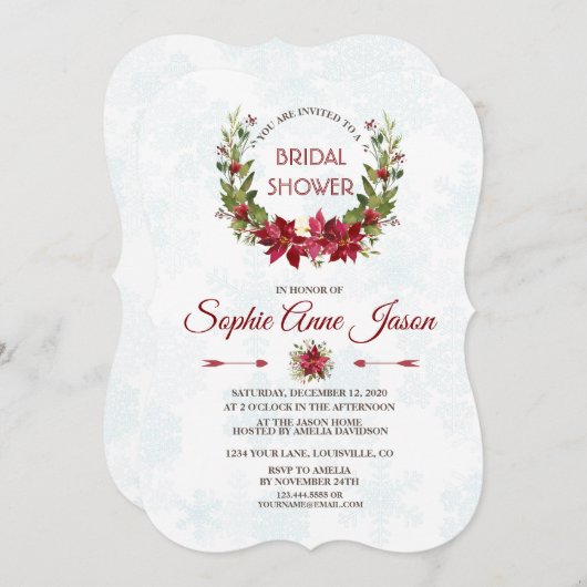 Elegantes Poinsettia Winterkranz-Brautparty Einladung (Vorne/Hinten)