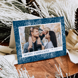 Elegantes Poinsettias und Pinecones Blue 2 Foto Feiertagskarte