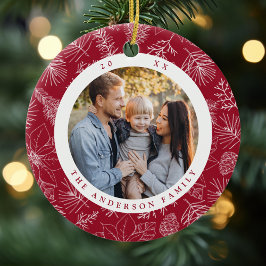Elegantes Poinsettias und Pinecones Burgund Foto Keramik Ornament