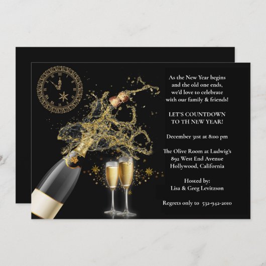 Elegantes Popped Champagne Silvester Party Einladung (Vorne/Hinten)