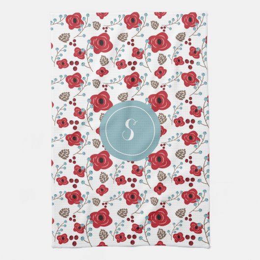 Elegantes Poppies- und Berries-Mustermonogramm Geschirrtuch (Vertikal)