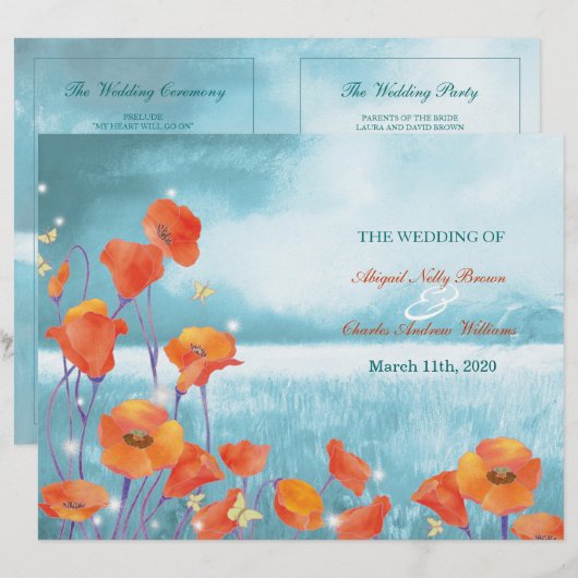 Elegantes Poppy Field Wedding Bi Fold Programm (Vorne/Hinten)