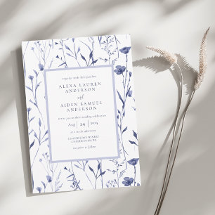 Elegantes Porzellan Blau Aquarell Blumen Hochzeit Einladung
