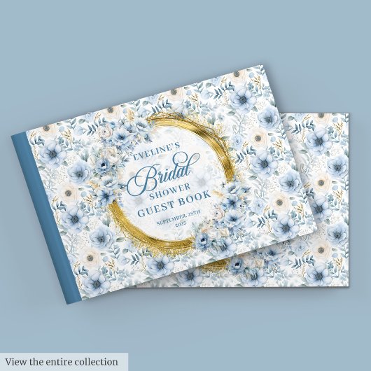 Elegantes Powder Blue Gold Boho Blumenstrauß Braut Gästebuch