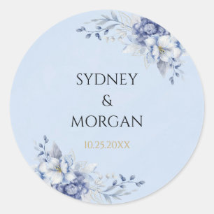 Elegantes Powder Blue & Gold Floral Design Hochzei Runder Aufkleber
