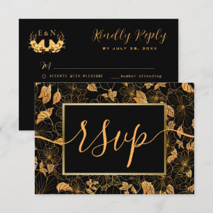 Elegantes Prächtiges Schwarz & Gold Laub RSVP Karte