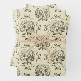 Elegantes Preppy Beige Hydrangea Bow Toile Muster Geschenkpapier Set