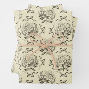 Elegantes Preppy Beige Hydrangea Bow Toile Muster Geschenkpapier Set