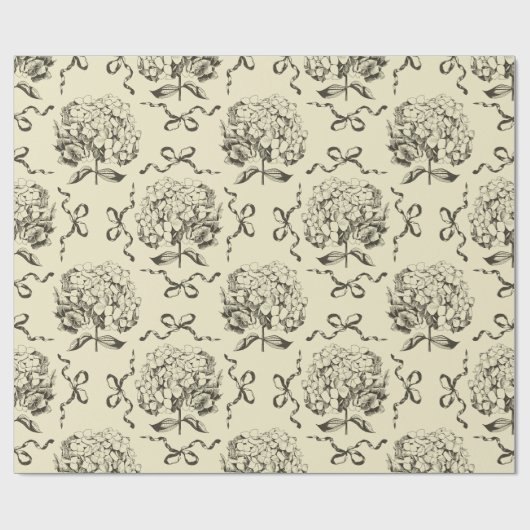 Elegantes Preppy Beige Toile Hydrangea Bow Muster Geschenkpapier (Flach)