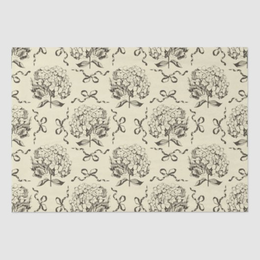 Elegantes Preppy Beige Toile Hydrangea Bow Muster Seidenpapier (Vorderseite)