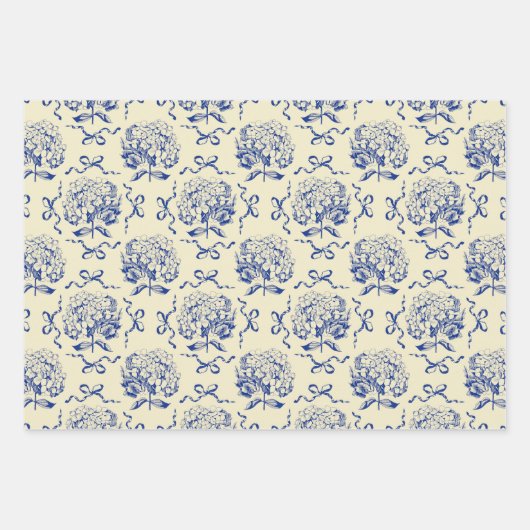 Elegantes Preppy Blue Beige Hydrangea Bow Muster Geschenkpapier Set (Vorderseite)