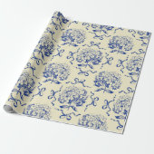 Elegantes Preppy Blue Toile Hydrangea Bow Muster Geschenkpapier (Ungerollt)