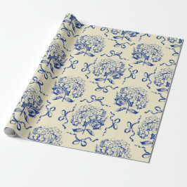 Elegantes Preppy Blue Toile Hydrangea Bow Muster Geschenkpapier