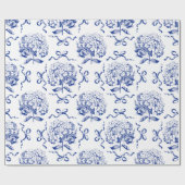 Elegantes Preppy Blue Toile Hydrangea Bow Muster Geschenkpapier (Flach)