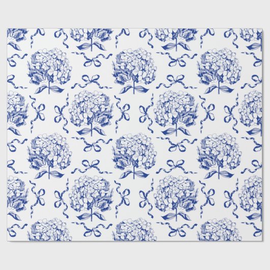 Elegantes Preppy Blue Toile Hydrangea Bow Muster Geschenkpapier (Flach)