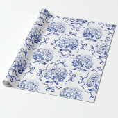 Elegantes Preppy Blue Toile Hydrangea Bow Muster Geschenkpapier (Ungerollt)