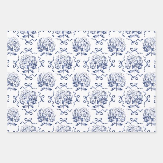 Elegantes Preppy Blue Toile Hydrangea Bow Muster Geschenkpapier Set (Vorderseite 3)