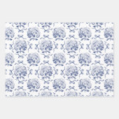 Elegantes Preppy Blue Toile Hydrangea Bow Muster Geschenkpapier Set (Vorderseite 2)