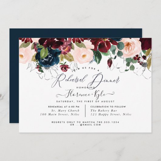 Elegantes Probe-Dinner Burgund+Marine Einladung (Vorne/Hinten)
