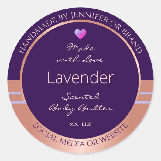 Elegantes Produktverpackungslabel Lila Rose Gold Runder Aufkleber (Vorderseite)