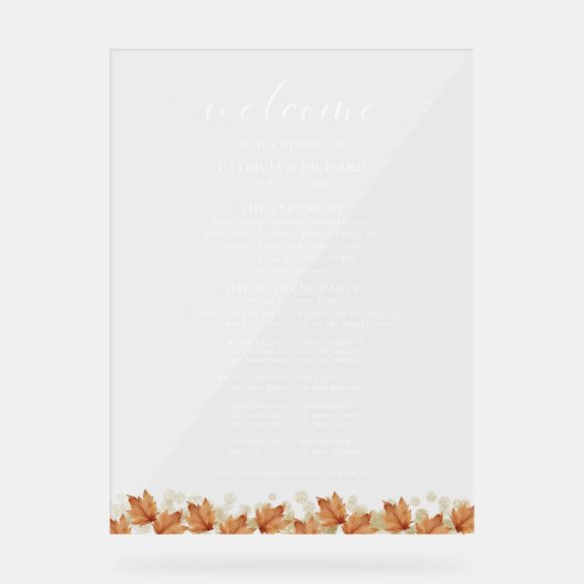 Elegantes Programm zur Hochzeit im Herbst der Herb Acrylschild (Vorderseite)