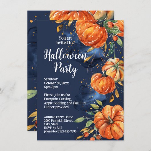 Elegantes Pumpkin Watercolor Halloween-Party Einladung (Vorne/Hinten)