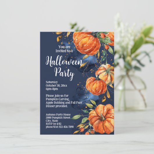 Elegantes Pumpkin Watercolor Halloween-Party Einladung (Stehend Vorderseite)