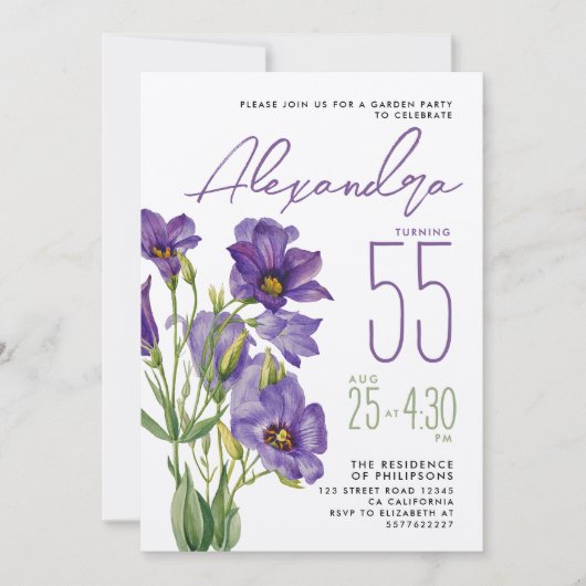 Elegantes Purple Blumen Garden Party Wasserfarbe Einladung (Vorderseite)