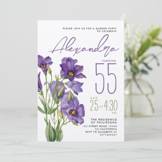 Elegantes Purple Blumen Garden Party Wasserfarbe Einladung (Stehend Vorderseite)