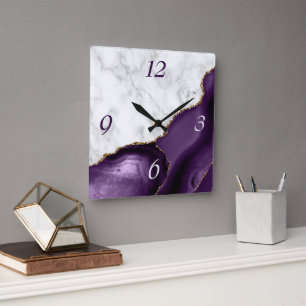 Elegantes Purpur-Achat-Gold-Glitter-Marmor Quadratische Wanduhr