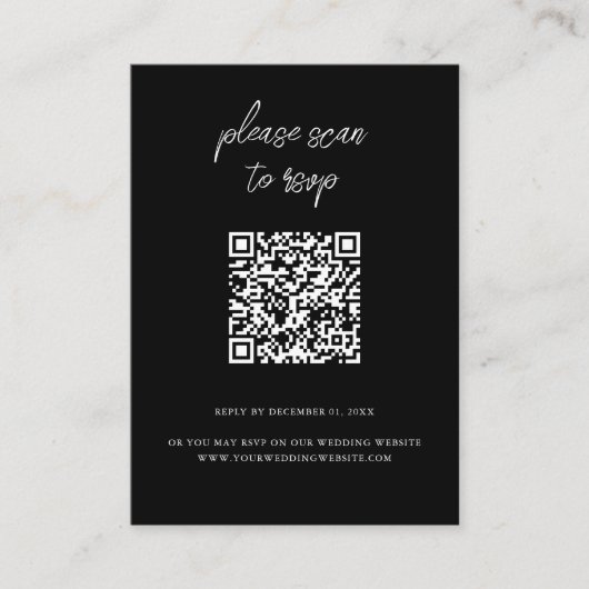 Elegantes QR Code Foto Black Wedding RSVP Begleitkarte (Vorderseite)