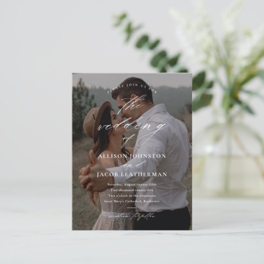 Elegantes QR Code Foto Einladung zur Hochzeit Postkarte (Stehend Vorderseite)