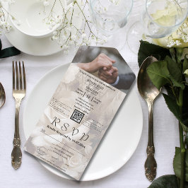 Elegantes QR-Code-Foto für weiße Creme-Rose All In One Einladung