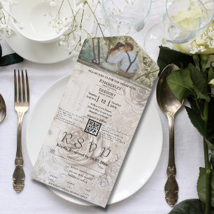 Elegantes QR-Code-Foto für weiße Creme-Rose All In One Einladung