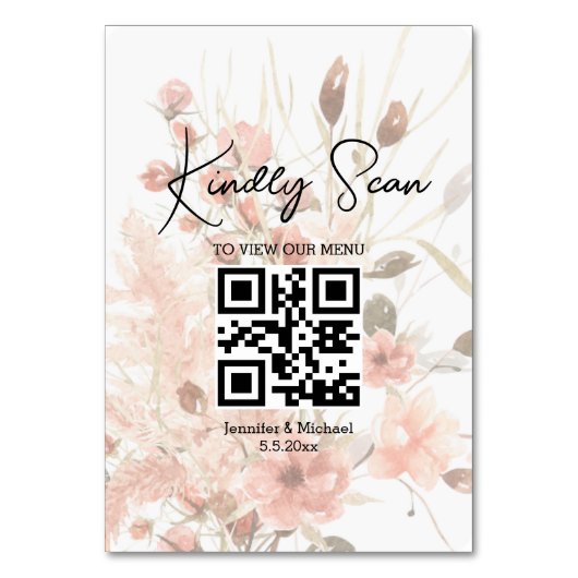elegantes QR-Code-Hochzeitsmenü Botanical Boho Tischnummer (Vorderseite)