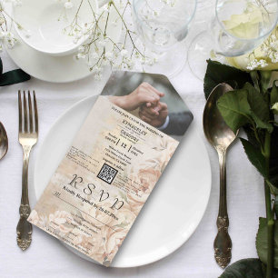Elegantes QR-Foto für Weißcremepeony All In One Einladung
