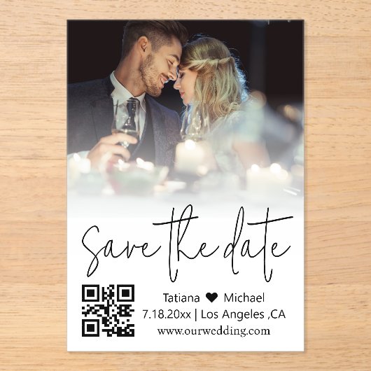 elegantes qr-Foto mit trendy Skripten Save the Dat Acryleinladungen (Vorderseite)