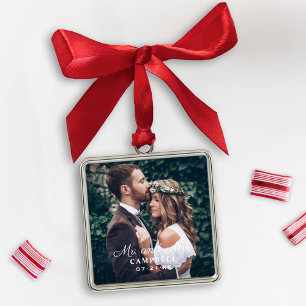 Elegantes quadratisches Hochzeitsfoto mit Namen vo Ornament Aus Metall